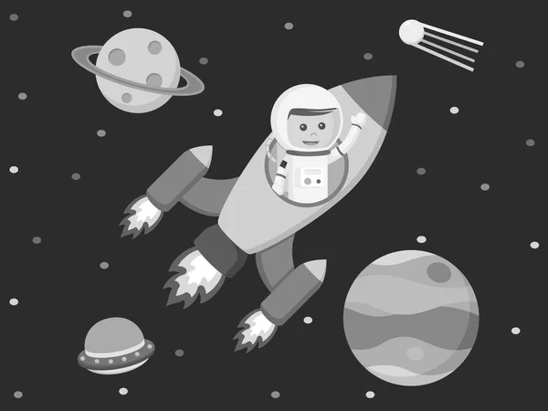 宇宙飛行士のロケットの黒と白のスタイルで飛んで — ストックベクタ