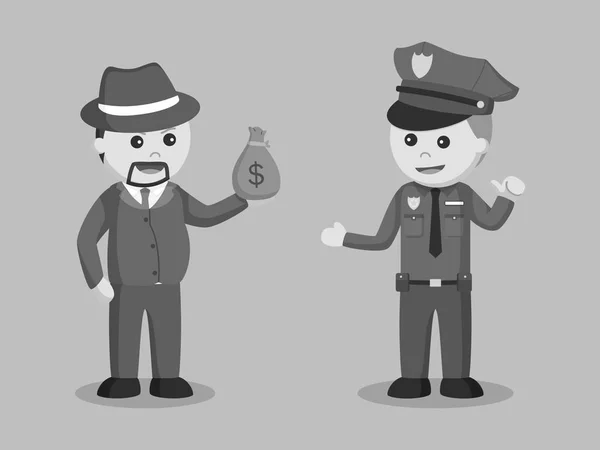 Misdaad Baas Smeergeld Politie Met Geld Zwart Wit Stijl — Stockvector