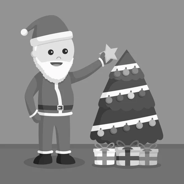 Santa Claus Mettre Étoile Sur Arbre Noir Blanc Style — Image vectorielle