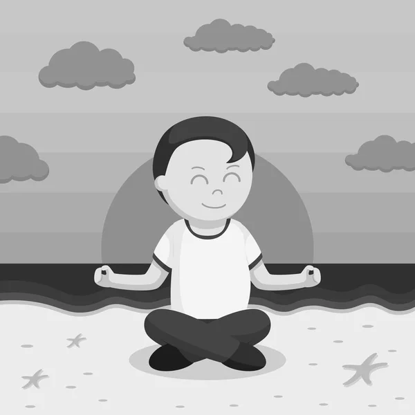 Hombre Gordo Saludable Meditar Una Playa Estilo Blanco Negro — Vector de stock