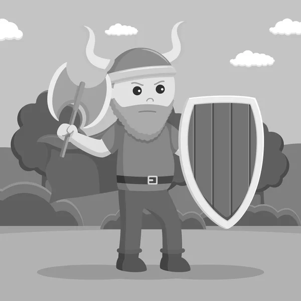 Gordo Vikingo Soldado Empuñan Escudo Hacha Estilo Blanco Negro — Vector de stock