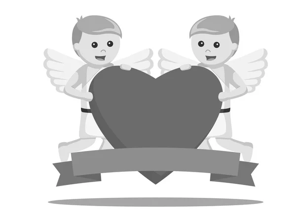 Deux Cupidon Tenant Grand Coeur Bannière Style Noir Blanc — Image vectorielle