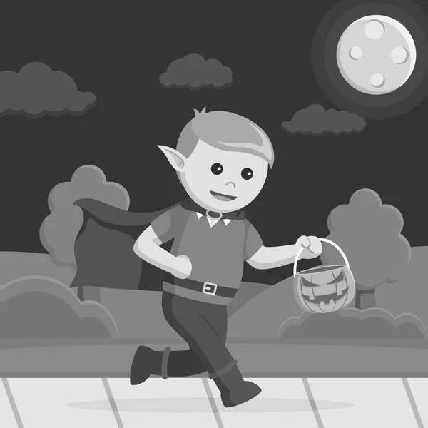 Elf Carrying Pumpkin Halloween Night Black White Style — стоковый вектор