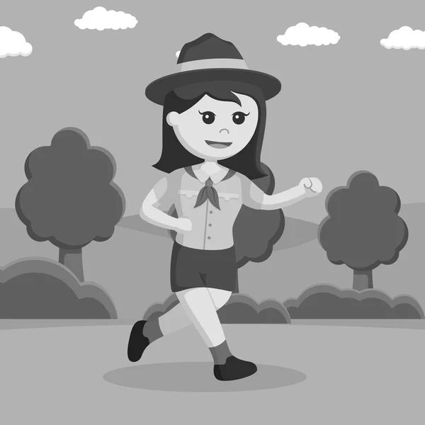 Girl Scout Wandelen Een Park Zwart Wit Stijl — Stockvector