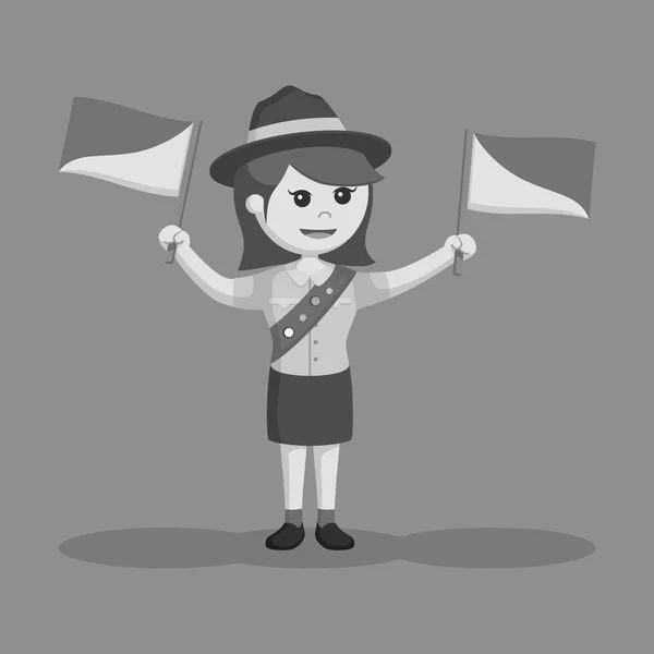 Girl Scout Met Semapore Vlag Zwart Wit Stijl — Stockvector