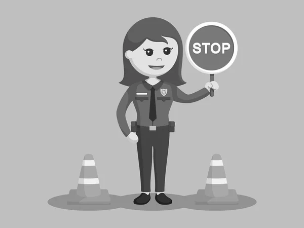 一時停止の標識の黒と白のスタイルで警察の女性 — ストックベクタ