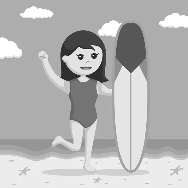 Salvavidas Femenino Con Tabla Surf Estilo Blanco Negro — Vector de stock