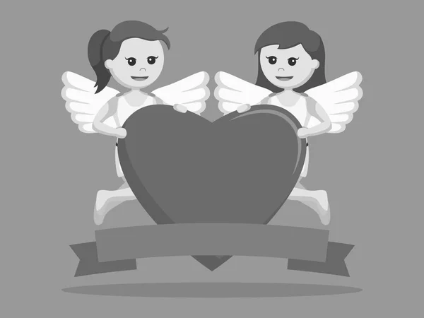 Дві Жінки Купідон Тримає Велике Серце Чорно Білого Стилю — стоковий вектор