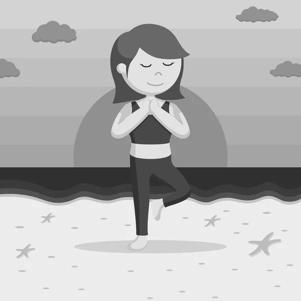 Yoga Frau Meditieren Sonnenuntergang Strand Schwarz Weiß Stil — Stockvektor