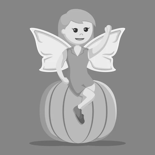 Otoño Hada Femenina Sentarse Calabaza Estilo Blanco Negro — Vector de stock