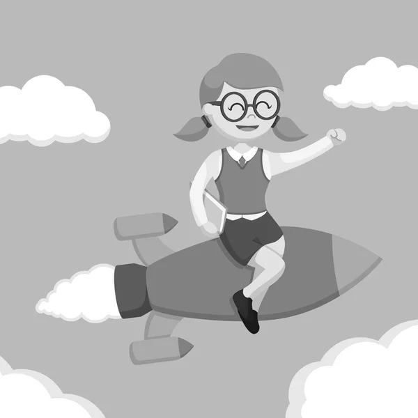 Nerd Girl Sit Rocket Flying Black White Style — Stock Vector