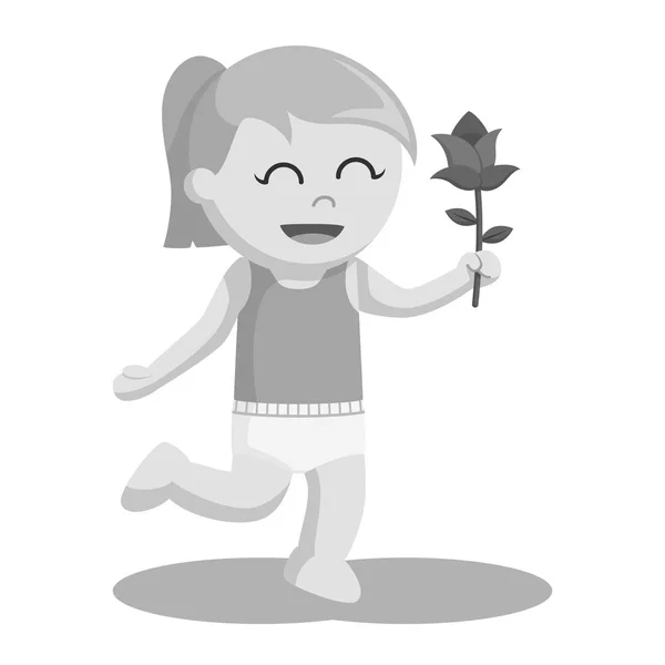 Niña Con Flor Rosa Estilo Blanco Negro — Vector de stock