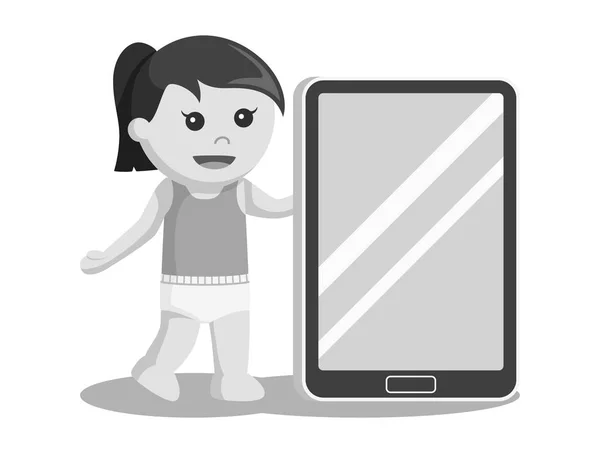 Bebé Niña Con Tableta Gigante Estilo Blanco Negro — Vector de stock