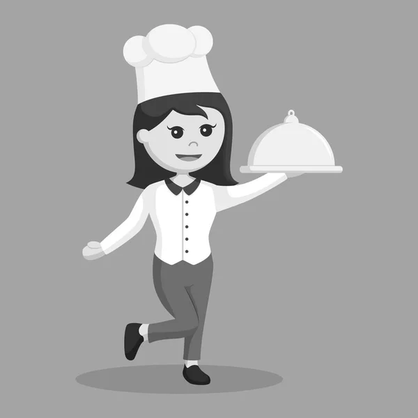Chef Girl Platter Black White Style — Stock Vector