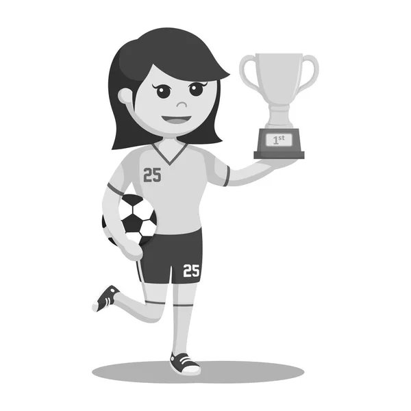 Bola Futebol Menina Jogador Com Troféu Estilo Preto Branco — Vetor de Stock