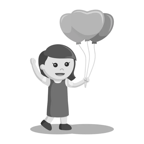 Niña Con Globos Forma Corazón Estilo Blanco Negro — Vector de stock