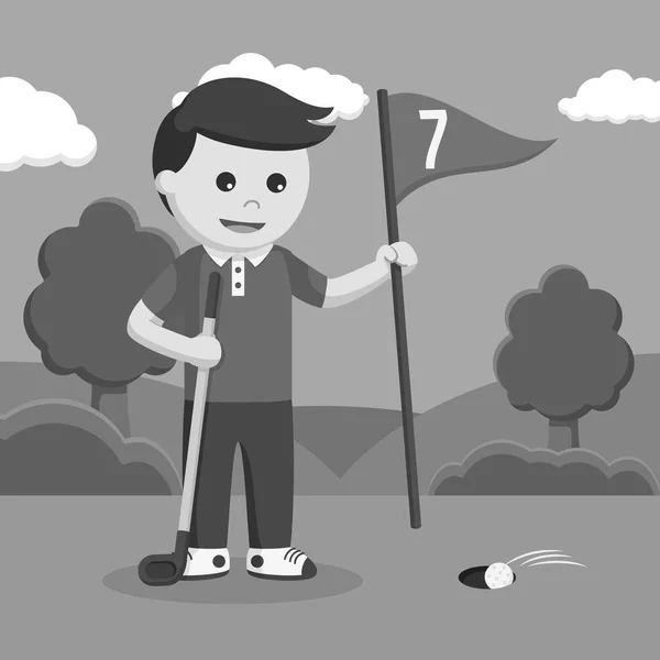 Golfista Hombre Desenchufando Bandera Puntuación Estilo Blanco Negro — Vector de stock