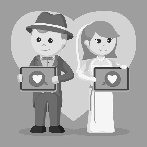 Pareja Casada Con Icono Amor Tableta Estilo Blanco Negro — Vector de stock