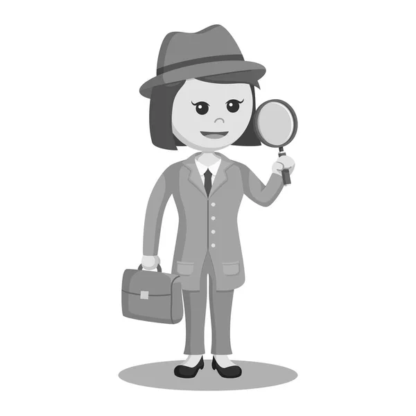 Detective Woman Briefcase Magnifying Glass Black White Style — Stock Vector