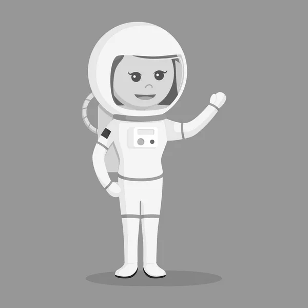 Astronaut Meisje Geven Groet Zwart Wit Stijl — Stockvector