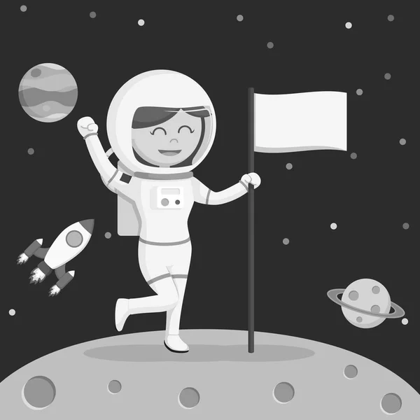 Astronauta Chica Luna Aterrizaje Negro Blanco Estilo — Vector de stock