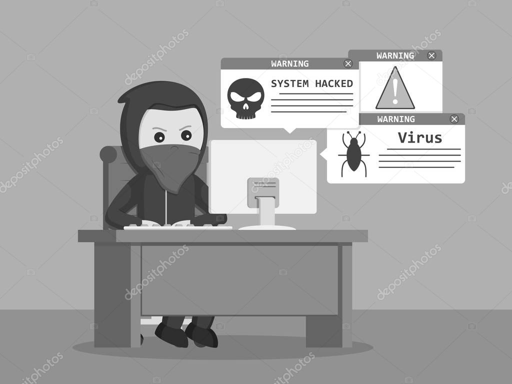 hacker carrying laptop vector illustration design black and white style