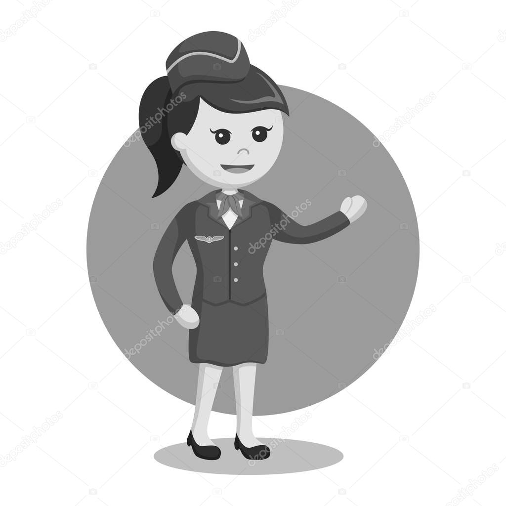 stewardess giving welcoming gesture black and white style