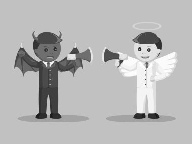Şeytan ve melek işadamı megafon siyah beyaz stiliyle savunarak