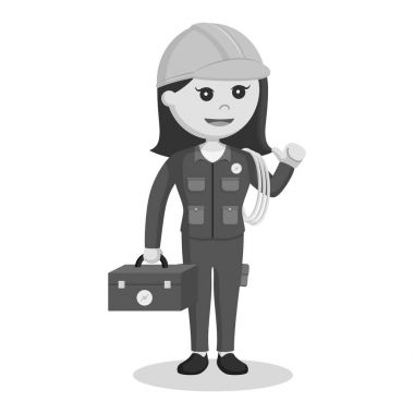 Araç kutusu ve kablolar siyah ve beyaz tarzı ile kadın elektrikçi