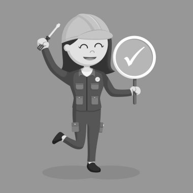 Denetim listesi işareti siyah beyaz tarzı ile kadın elektrikçi