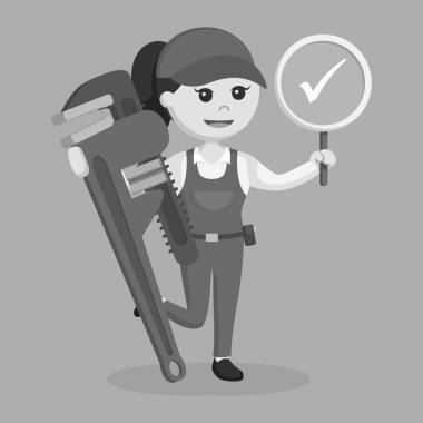 kadın tesisatçı gerçek işareti ve dev beyinameliyatı siyah beyaz stil holding