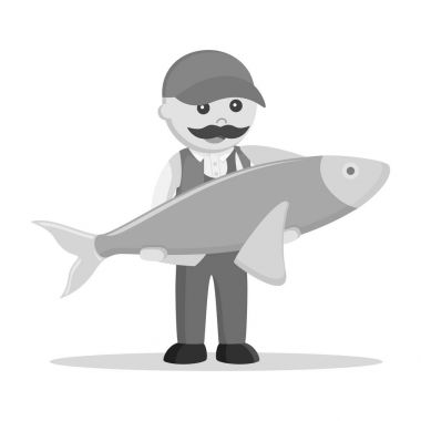 şişman balıkçı dev balık siyah beyaz stil holding