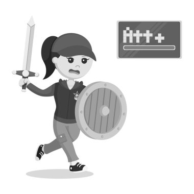 kılıç ve kalkan siyah ve beyaz tarzı ile kadın rpg oyun çalışan