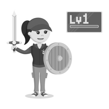 Düzey 1 kadın rpg oyun holding kılıç ve siyah ve beyaz stil kalkan