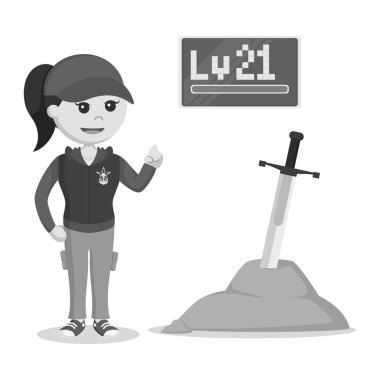 seviye 21 kadın rpg oyun ayakta efsanevi kılıç siyah beyaz stil yanında