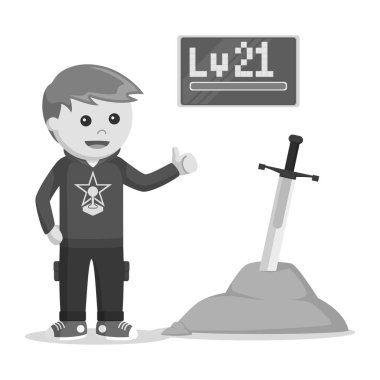 seviye 21 rpg oyun ayakta efsanevi kılıç siyah beyaz stil yanında