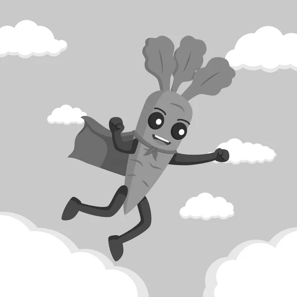 Carácter Zanahoria Volando Con Capa Estilo Blanco Negro — Vector de stock