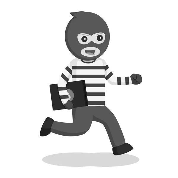 Man Thief Stealing Laptop Black White Style — Stock Vector