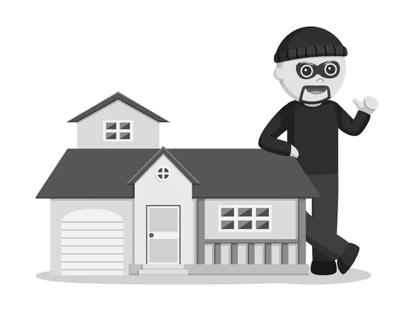 ミニチュア黒と白の家スタイルの横に立っている男の泥棒 — ストックベクタ