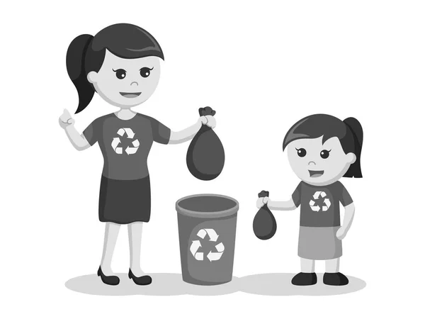 Mutter Bringt Ihrer Tochter Bei Abfall Schwarz Weiß Den Mülleimer — Stockvektor
