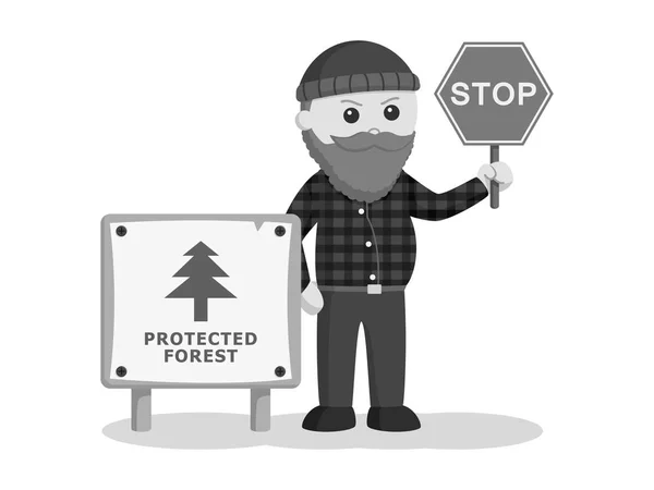 森林保護委員会と一時停止の標識の黒と白のスタイルと脂肪の木こり — ストックベクタ