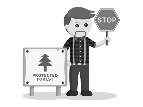 Bûcheron Avec Panneau Forestier Protégé Panneau Stop Style Noir Blanc — Image vectorielle