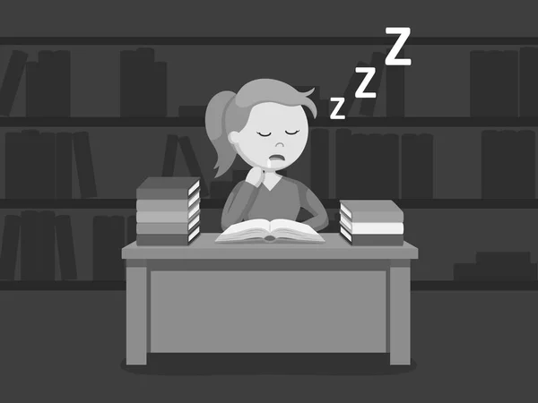 Female Student Sleeping While Reading Book Black White Style — Stock Vector