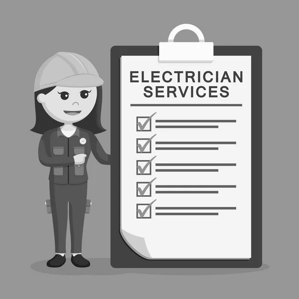 Vrouwelijke Elektricien Met Diensten Klembord Zwart Wit Stijl — Stockvector