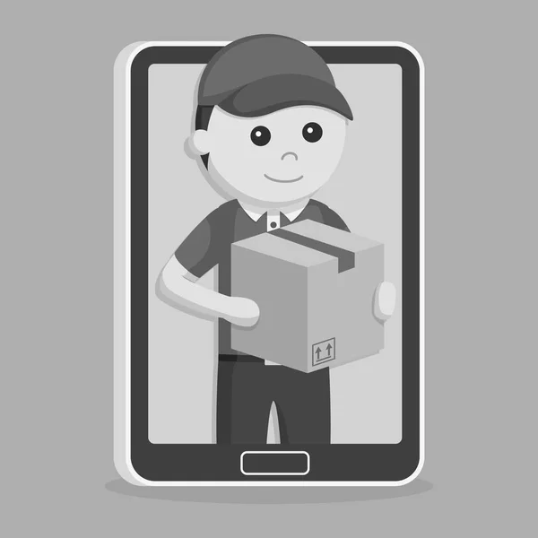 Repartidor Con Smartphone Estilo Blanco Negro — Vector de stock