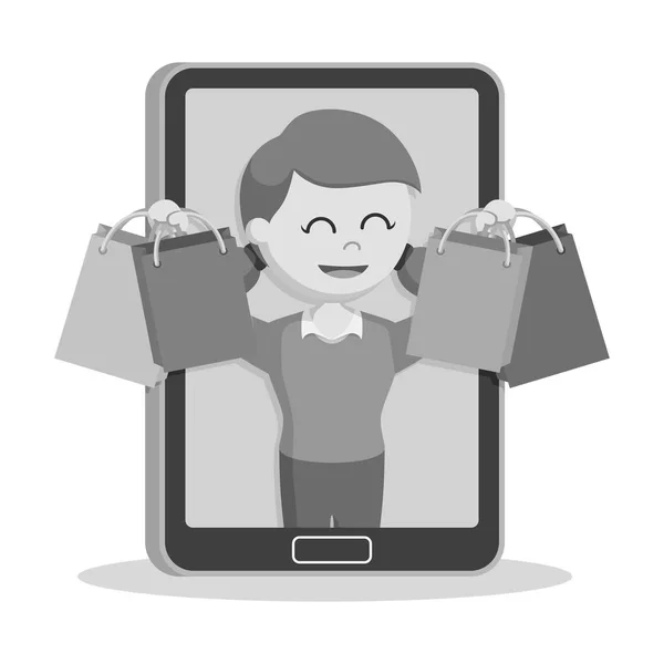 Chica Compras Concepto Tableta Blanco Negro Estilo — Vector de stock