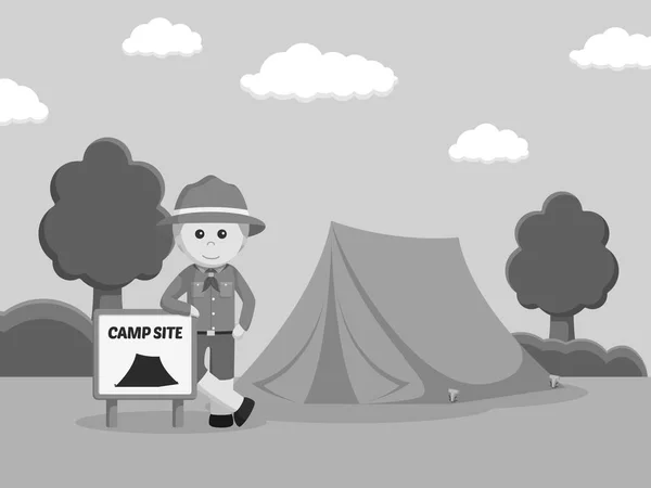 Boy Scout Camping Site Black White Style — Stock Vector