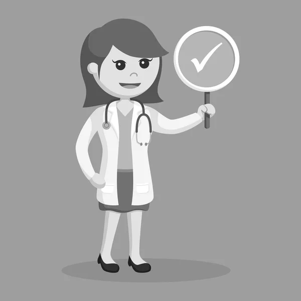 Médico Femenino Sosteniendo Signo Verdadero Estilo Blanco Negro — Vector de stock