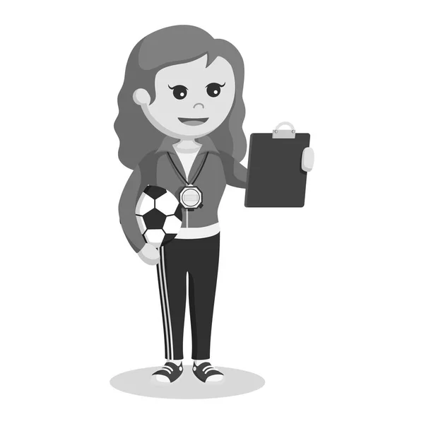 Kobiece Sport Nauczyciel Posiadający Piłkę Schowka Stylu Czarno Biały — Wektor stockowy