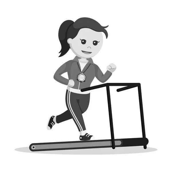 Female Sport Teacher Running Treadmil Machine Style Noir Blanc — Image vectorielle